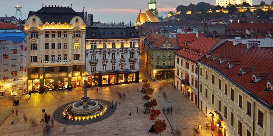 Bratislava castle, St. Martin's cathedral, new bridge, Main square Rolland's fountain and other historical buildings of the old town in Bratislava, Slovakia