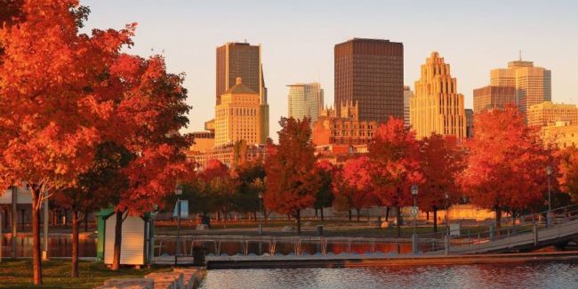 Buildings in the old port of Montreal early in the morning during fall season