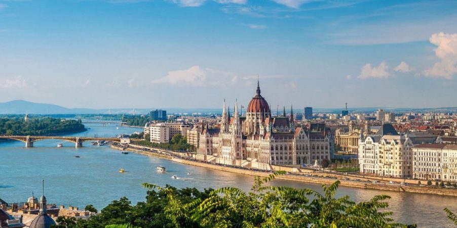 Panorama view from Buda at the parliament with Danube river in Budapest
