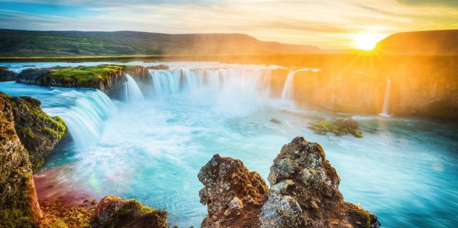 Iceland, Godafoss at sunset, beautiful waterfall, long exposure