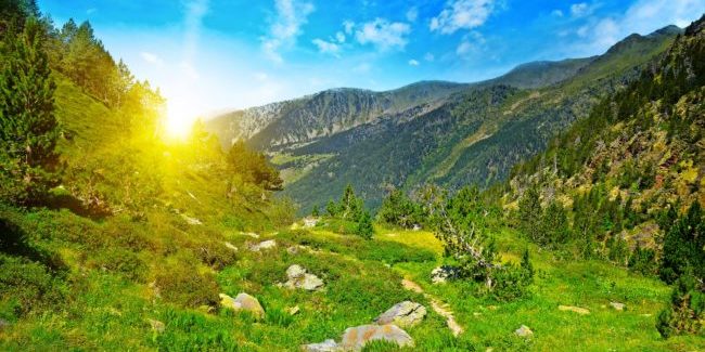 Beautiful sunrise in high mountains and blue sky, Andorra, Pyrenees