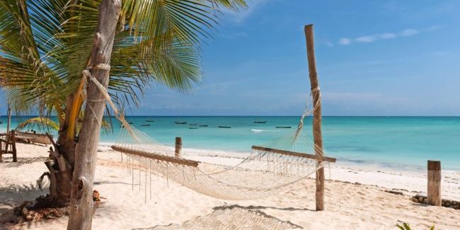 white handmade hammock with palm tree on clean Zanzibar beach and clear ocean on the background