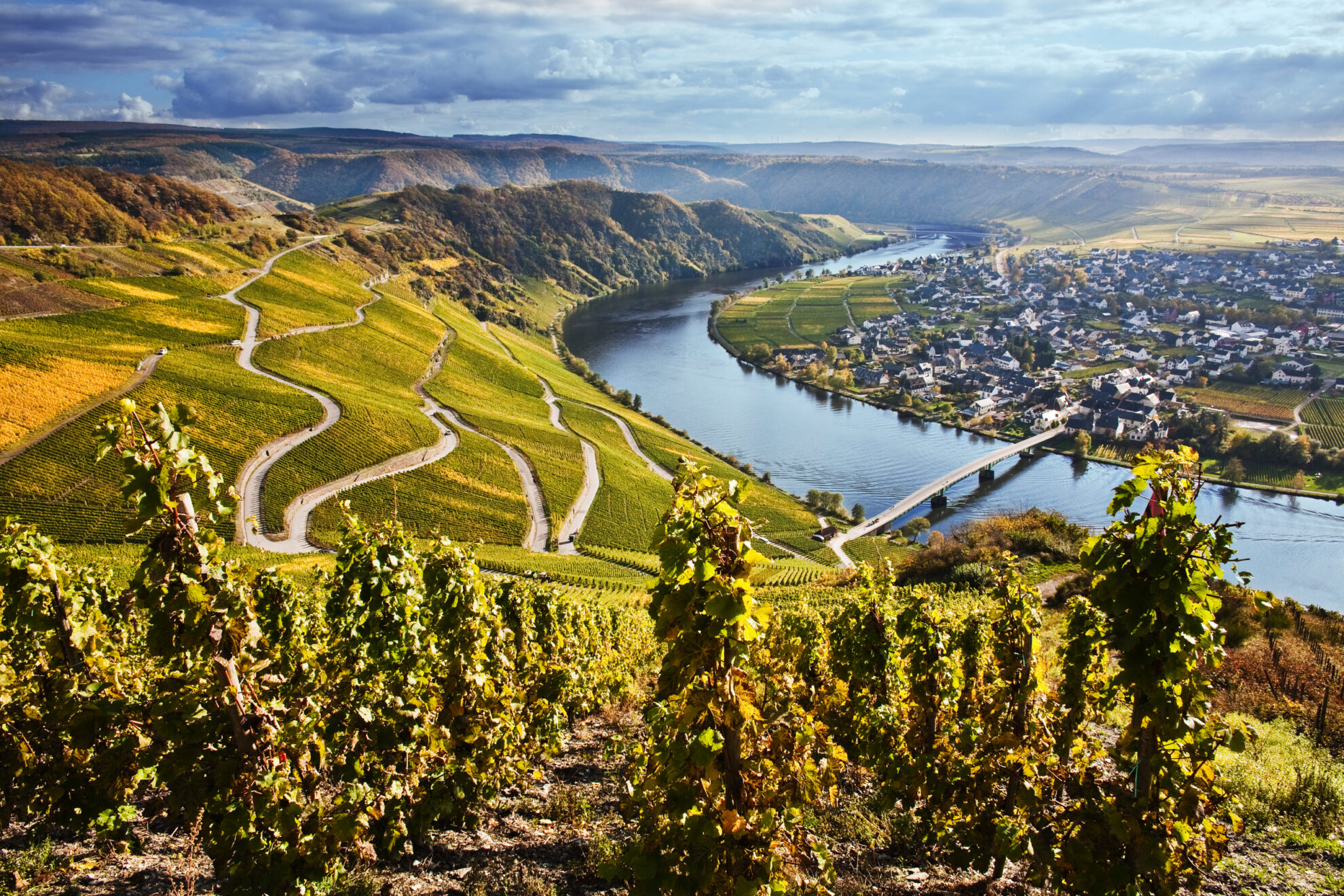 Panoramablick auf die Mosel mit Weinbergen und romantischen Winzerdörfern – ein beliebtes Ziel für Busreisen in Deutschlands schönste Weinregionen.
