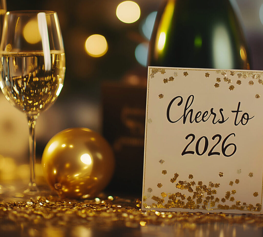 Silvesterdekoration mit Sektgläsern, goldenen Ballons und Karte „Cheers to 2026“ – festliche Stimmung