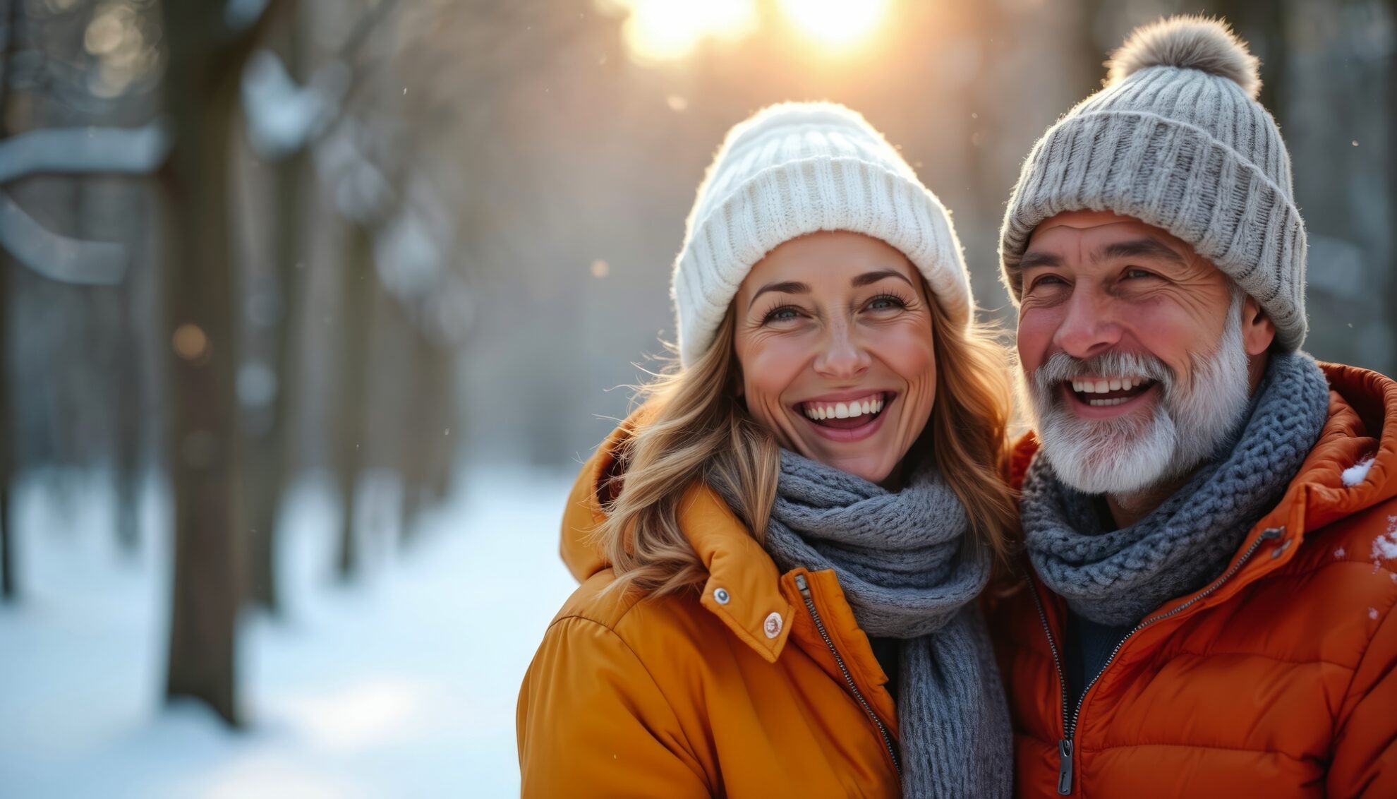 Glückliches Paar beim Winterspaziergang – gemeinsame Momente in verschneiter Natur, ideal für stimmungsvolle Winter- und Adventsreisen.
