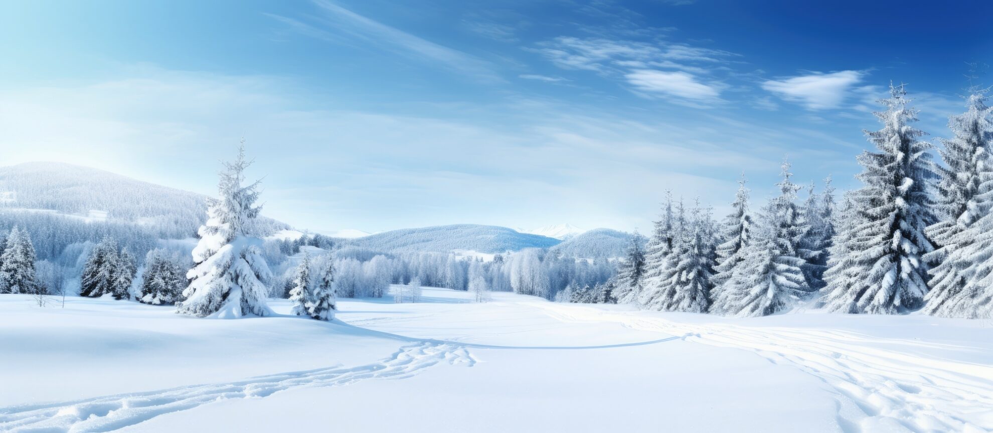 Verschneite Winterlandschaft mit schneebedeckten Tannen und sanften Hügeln unter blauem Himmel.