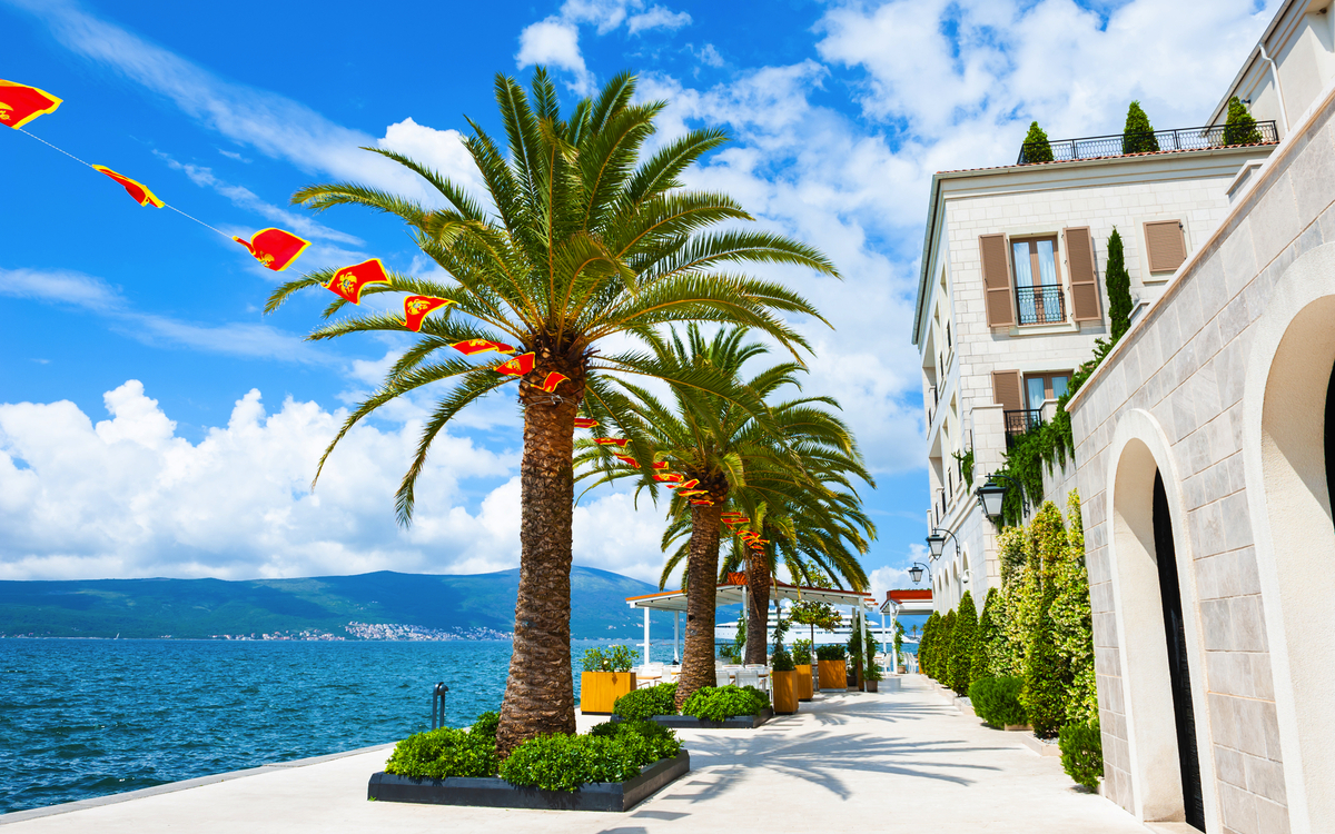 Strandpromenade in Tivat an der Bucht von Kotor in Montenegro mit Palmen und Blick auf die Adria.