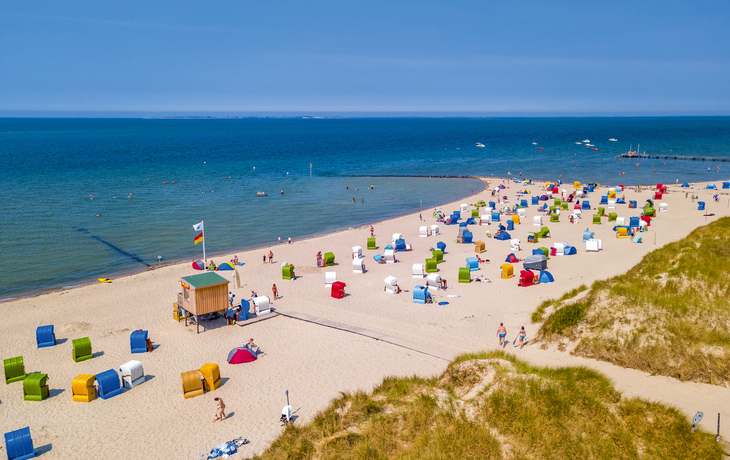 Luftaufnahme eines Strandes mit Strandkörben und blauem Meer im Hintergrund.