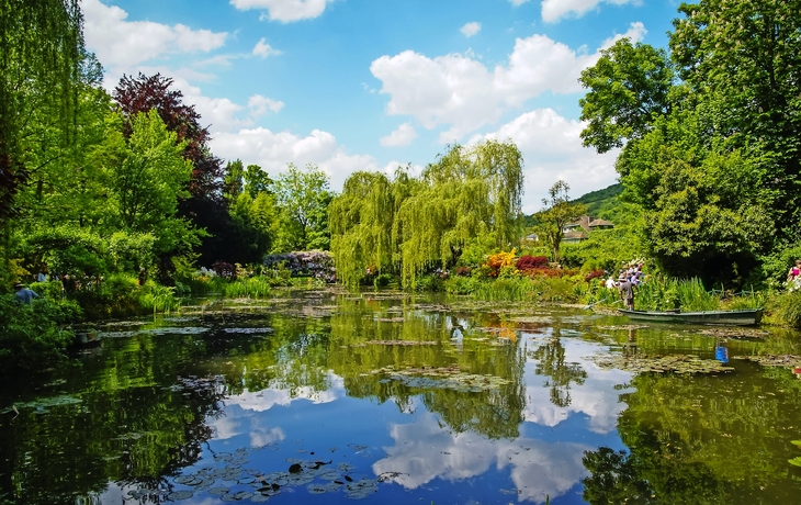 Teich mit Seerosen und üppiger Vegetation unter blauem Himmel