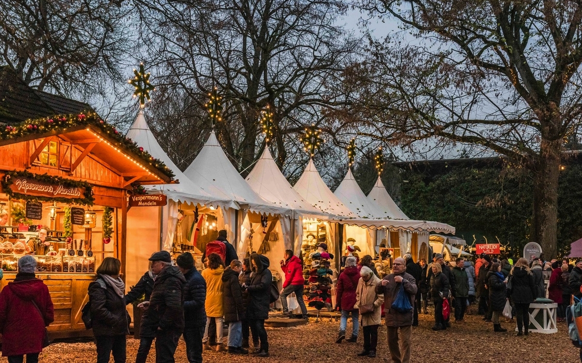 Weihnachtsmarkt mit Verkaufsständen und Menschen unter beleuchteten Bäumen.