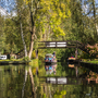 Bootsfahrt auf ruhigem Fluss mit Brücke und Bäumen im Hintergrund
