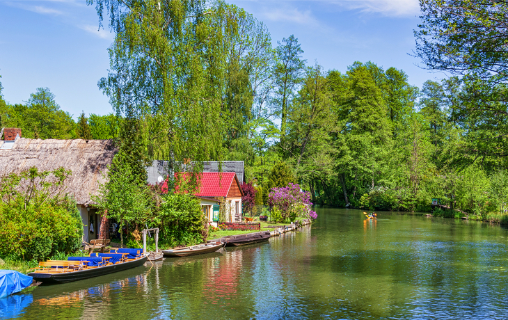 Flusslandschaft mit Booten und Häusern, umgeben von grünen Bäumen.