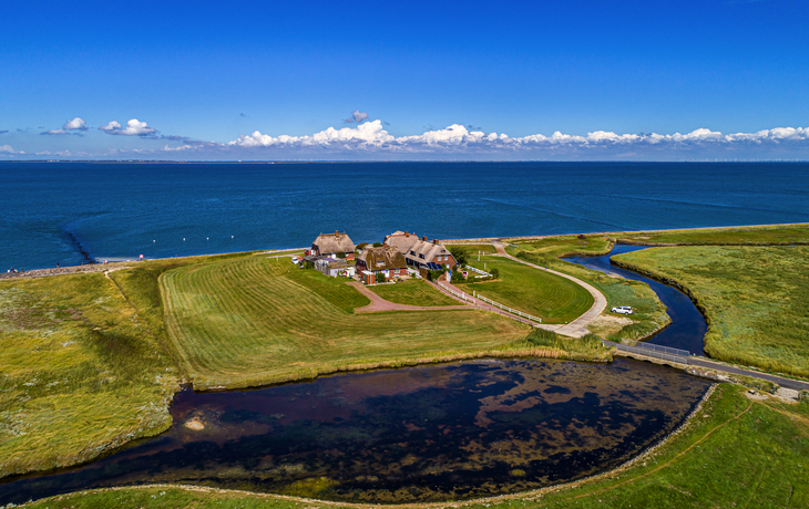 Haus auf grasbewachsener Küstenlandschaft mit Meer im Hintergrund.