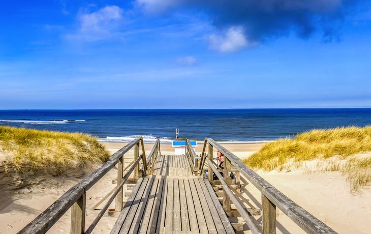 Holzsteg führt durch Dünen zum Meer unter blauem Himmel.