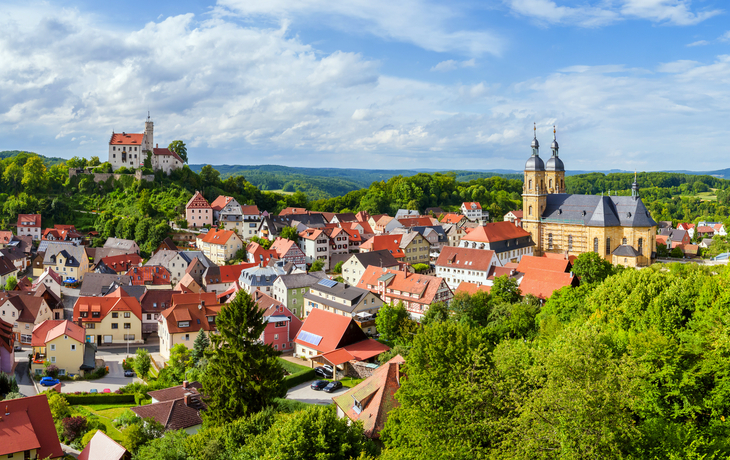 Panoramablick auf eine malerische Stadt mit Kirche und Schloss auf Hügeln umgeben von Wald.