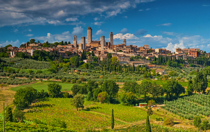Blick auf eine toskanische Stadt mit historischen Türmen und umliegender Landschaft.