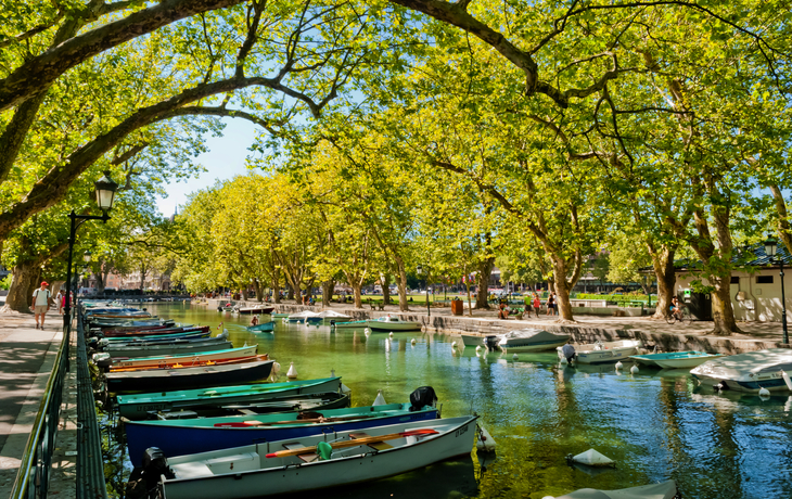 Boote auf einem Kanal in einer von Bäumen gesäumten Allee bei sonnigem Wetter.