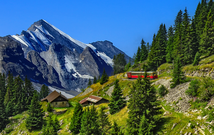 Schynige Platte-Bahn im Berner Oberland mit Blick auf die Schweizer Alpen und den Brienzersee.