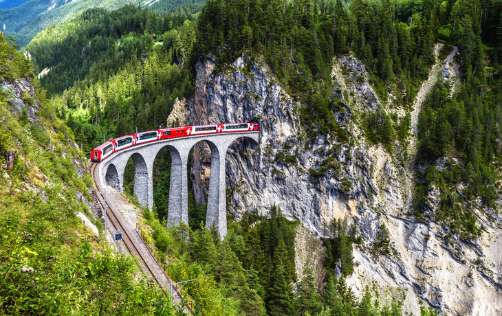 Zug auf einem Viadukt in einer bewaldeten Berglandschaft