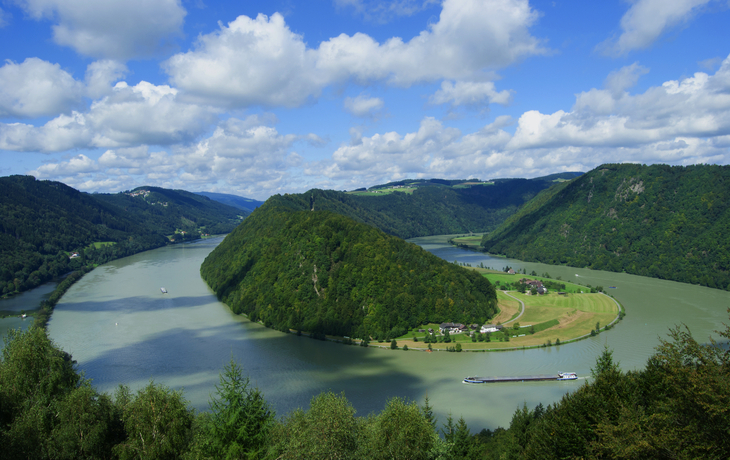 Blick auf die Donauschlinge mit grünem Hügel und bewölktem Himmel im Hintergrund.
