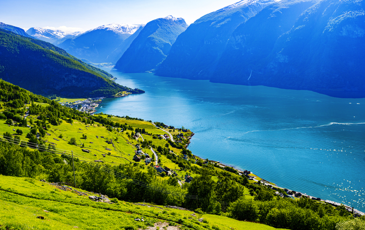 Fjordlandschaft mit grünem Tal und Bergen im Hintergrund.