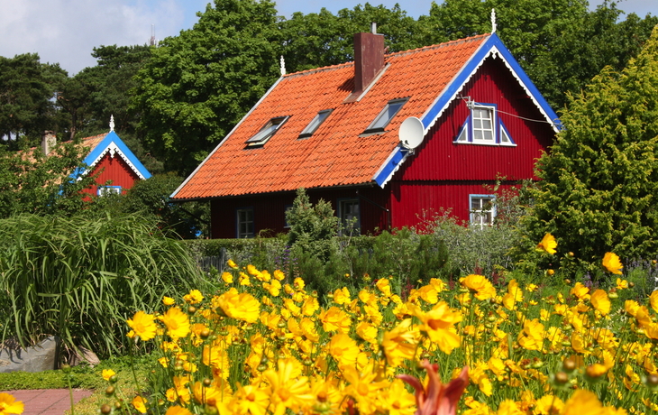 Rotes Holzhaus mit Garten, Dachfenstern und Satellitenschüssel im Grünen.