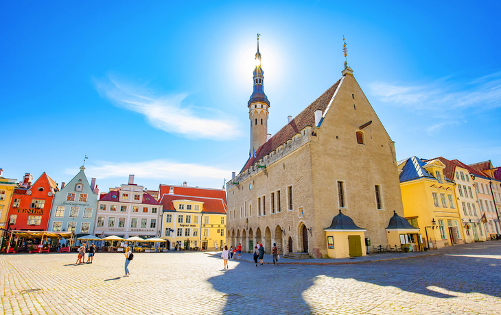 Panoramablick auf den Hallenplatz in Tallinn mit der Altstadt und dem Rathaus bei sonnigem Wetter.