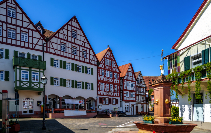 Fachwerkhäuser auf einem sonnigen Platz mit einem dekorativen Brunnen im Vordergrund.