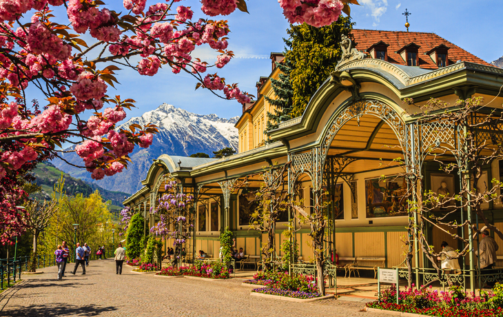 Historisches Gebäude mit blühenden Bäumen und schneebedeckten Bergen im Hintergrund.