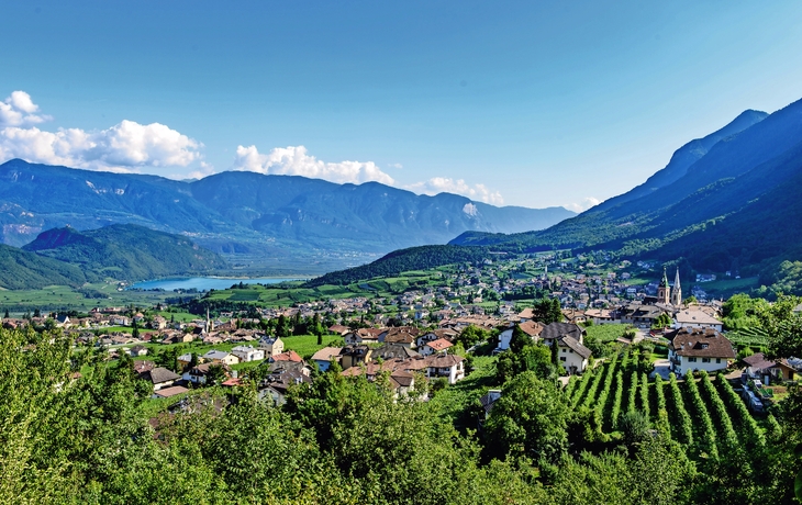 Blick auf Kaltern am See mit Weinbergen und Bergen im Hintergrund.