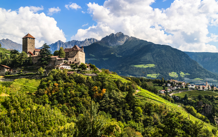 Burg auf Hügel mit Berglandschaft im Hintergrund, umgeben von grüner Natur.