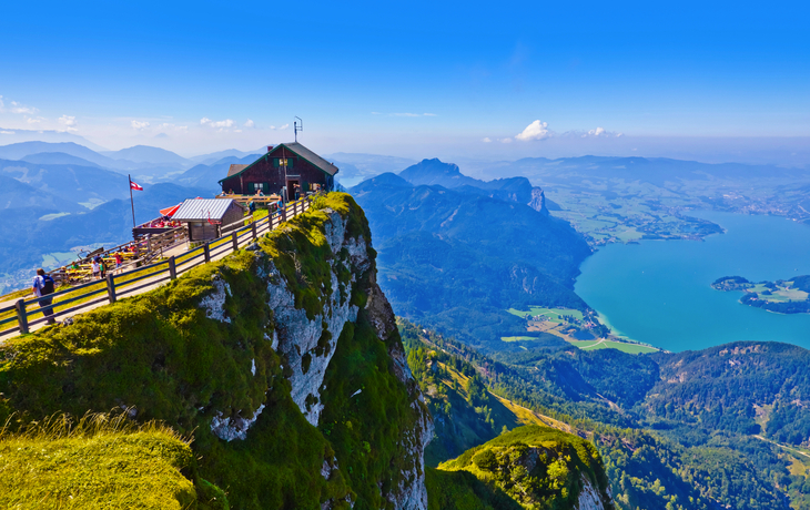 Berggipfel mit Hütte, Aussicht auf See und Landschaft an einem klaren Tag.
