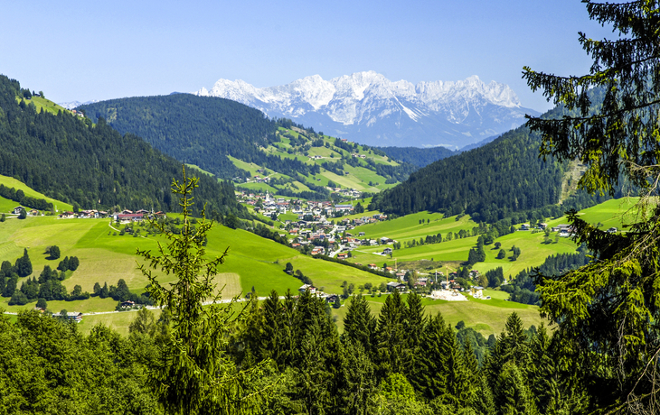 Alpenlandschaft mit Dorf im Tal, umgeben von Wiesen und Wäldern, Berge im Hintergrund.