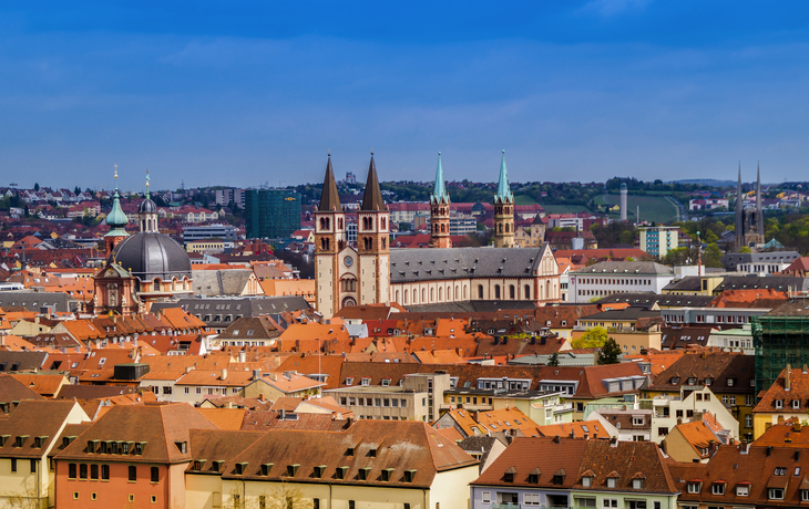 Stadtansicht mit historischen Gebäuden und Kirchen in Würzburg.