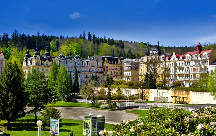 Historische Gebäude vor einem bewaldeten Hügel unter klarem Himmel.