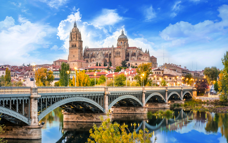 Brücke und Kathedrale in Salamanca bei Tageslicht, reflektiert im Wasser.