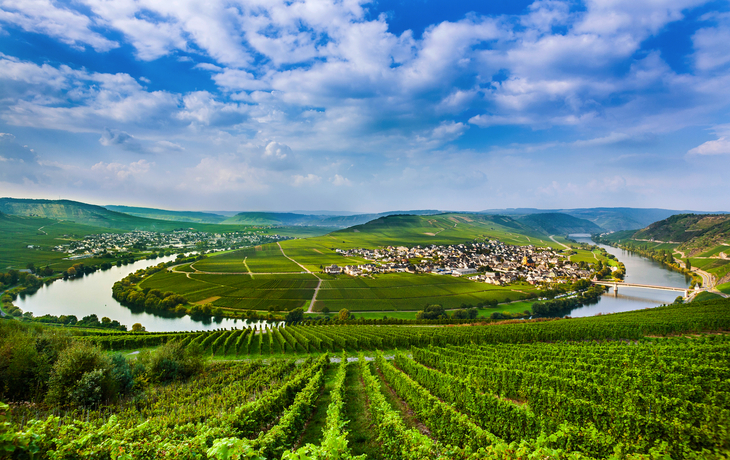Blick auf Moselschleife mit Weinbergen und Dorf unter blauem Himmel.